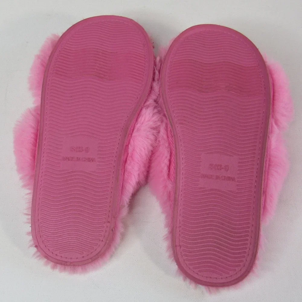 Girls Faux Fur Cross Strap Fluffy Slider Slippers Size S (13-1)